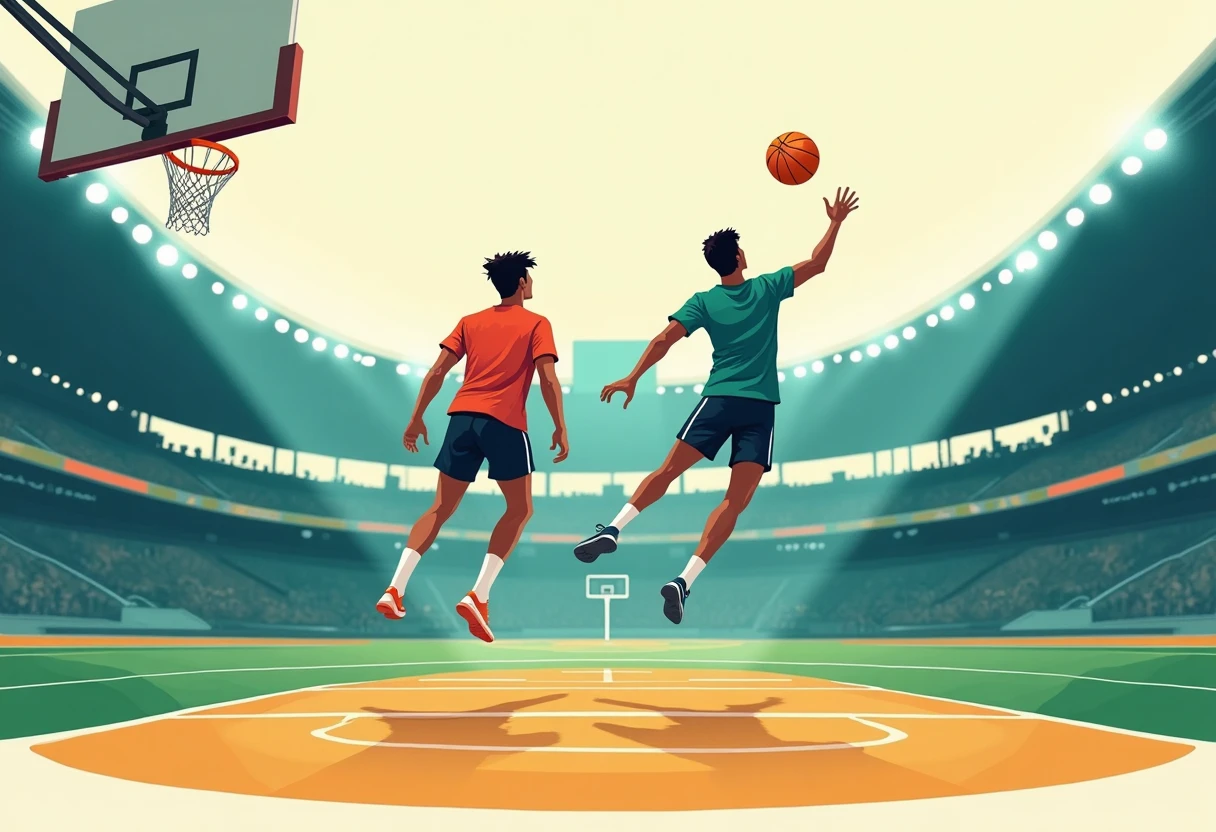 NBA game action with players jumping