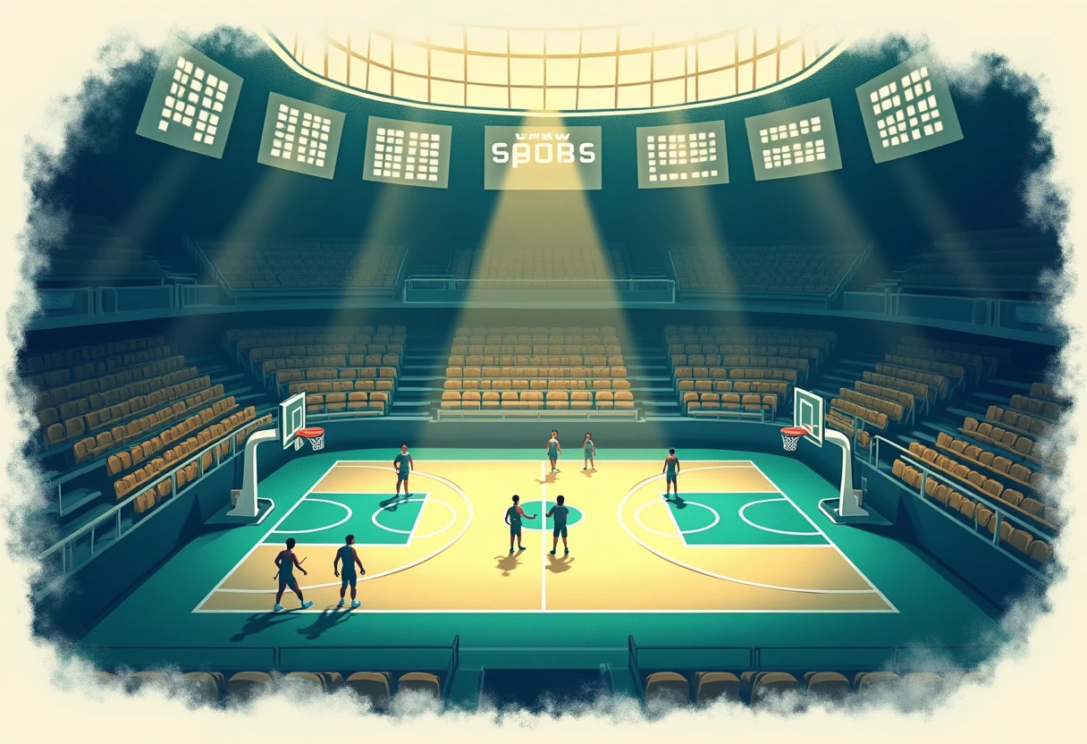 Basketball court action scene