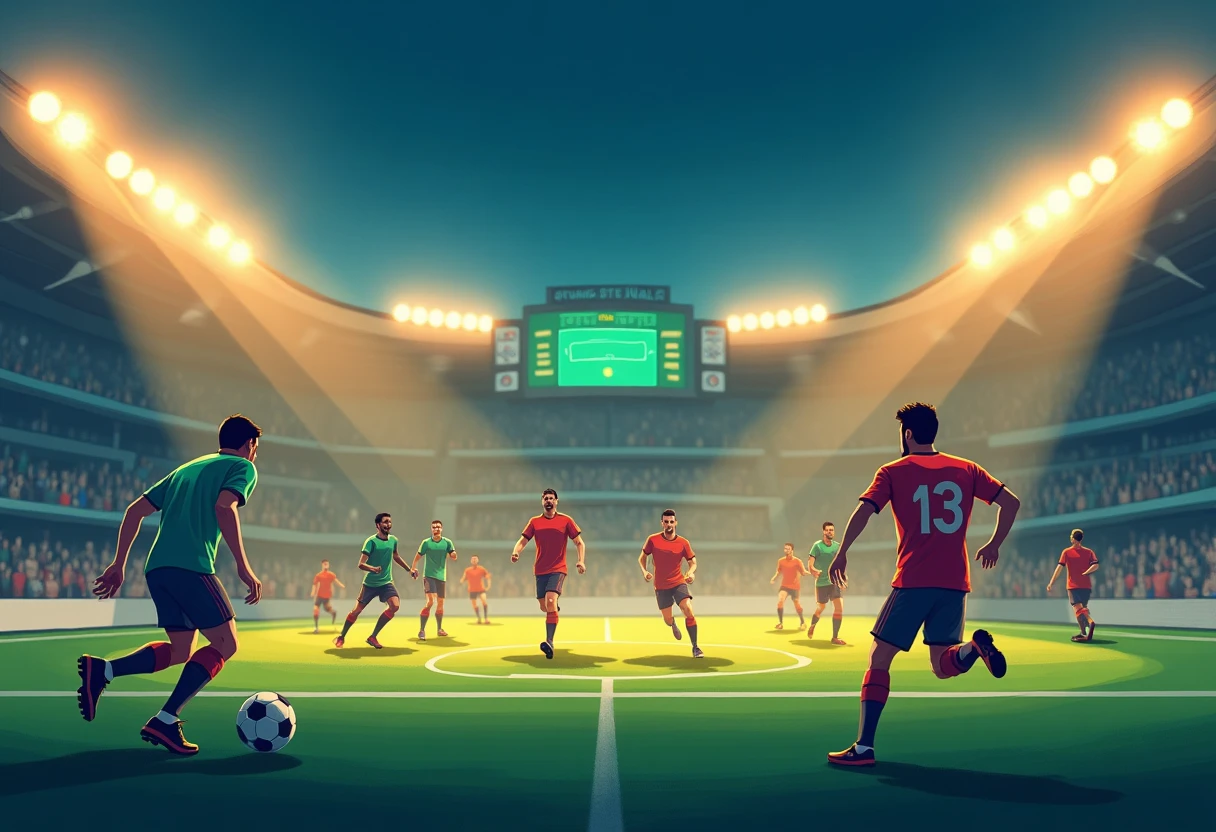 Ilustración de un estadio de fútbol durante un partido nocturno